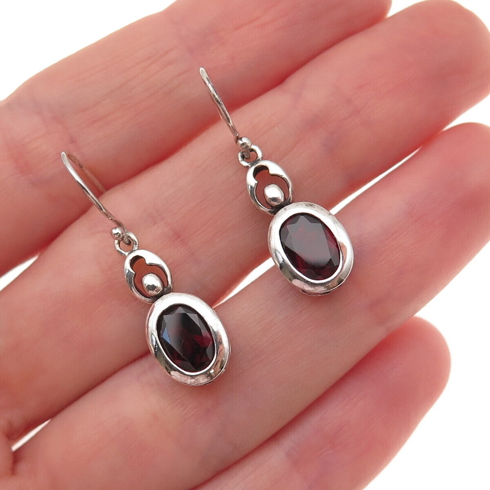 Lucas Lameth 925 Sterling Silver Vintage Real Red Garnet Dangle Earrings